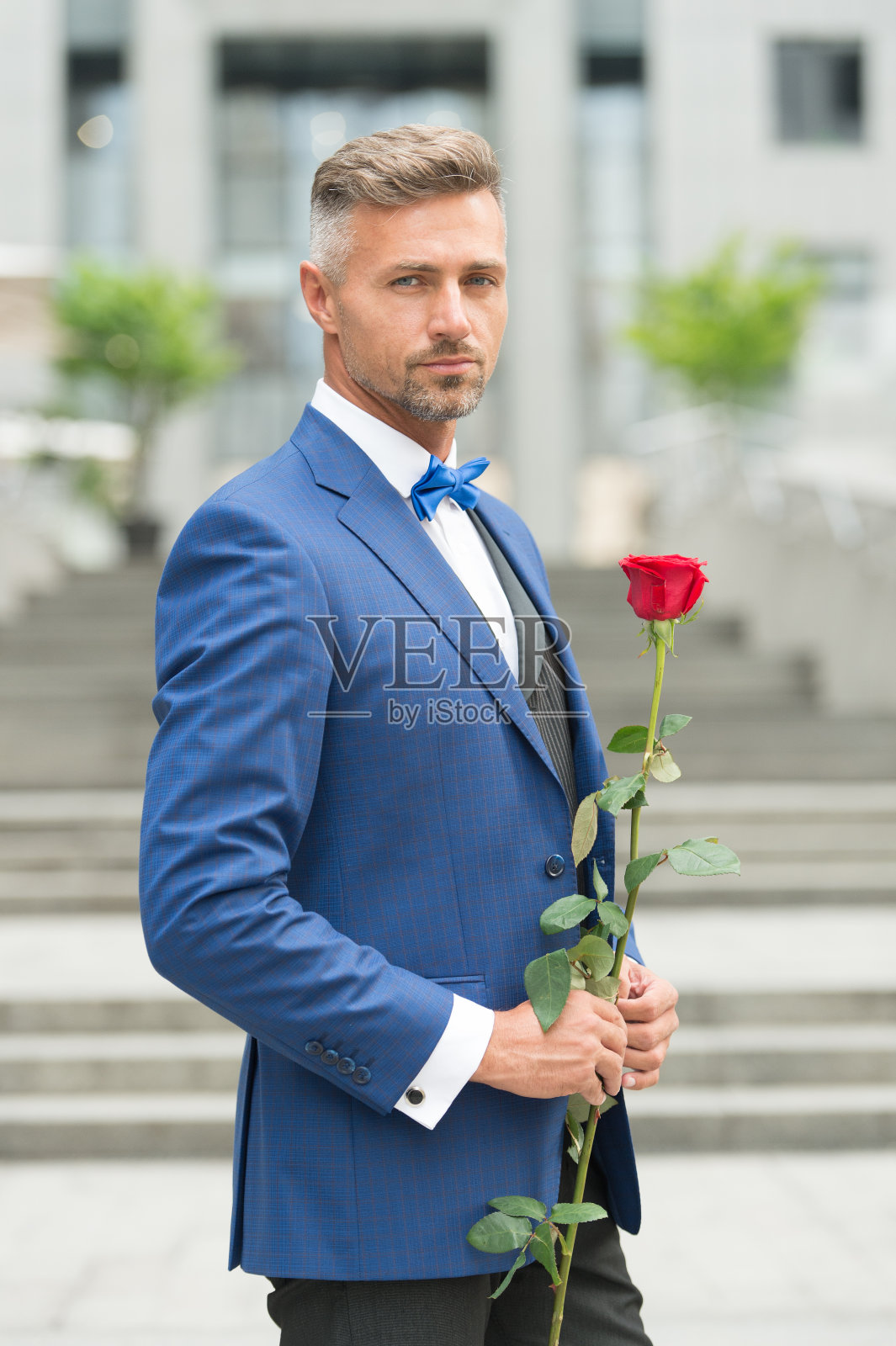 制造惊喜的能力：情人节和纪念日，约会服务，如何变得浪漫，浪漫的绅士，有浪漫礼物的中年自信男子，手持玫瑰花的英俊男子，浪漫约会照片摄影图片