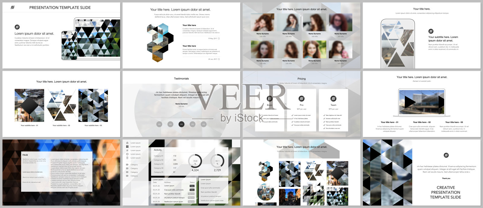 矢量模板的网站设计，演示文稿，投资组合。三角模板，三角模式的演示幻灯片，传单，传单，小册子封面。背景与地方的照片。设计模板素材