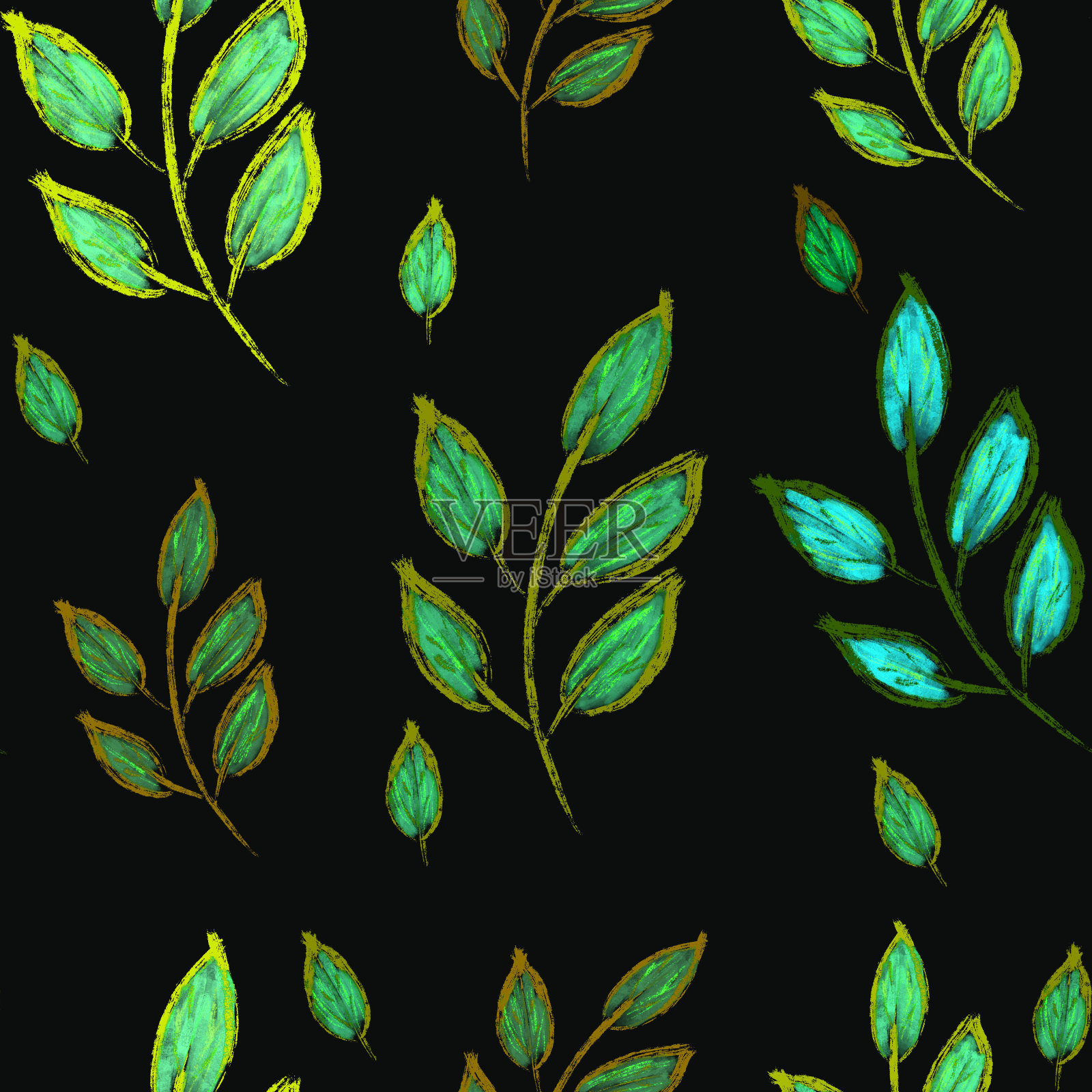 无缝背景与绿色的树叶和树枝在黑色的背景。手绘。春、夏的模式。印刷，包装，壁纸，纺织品，织物设计插画图片素材