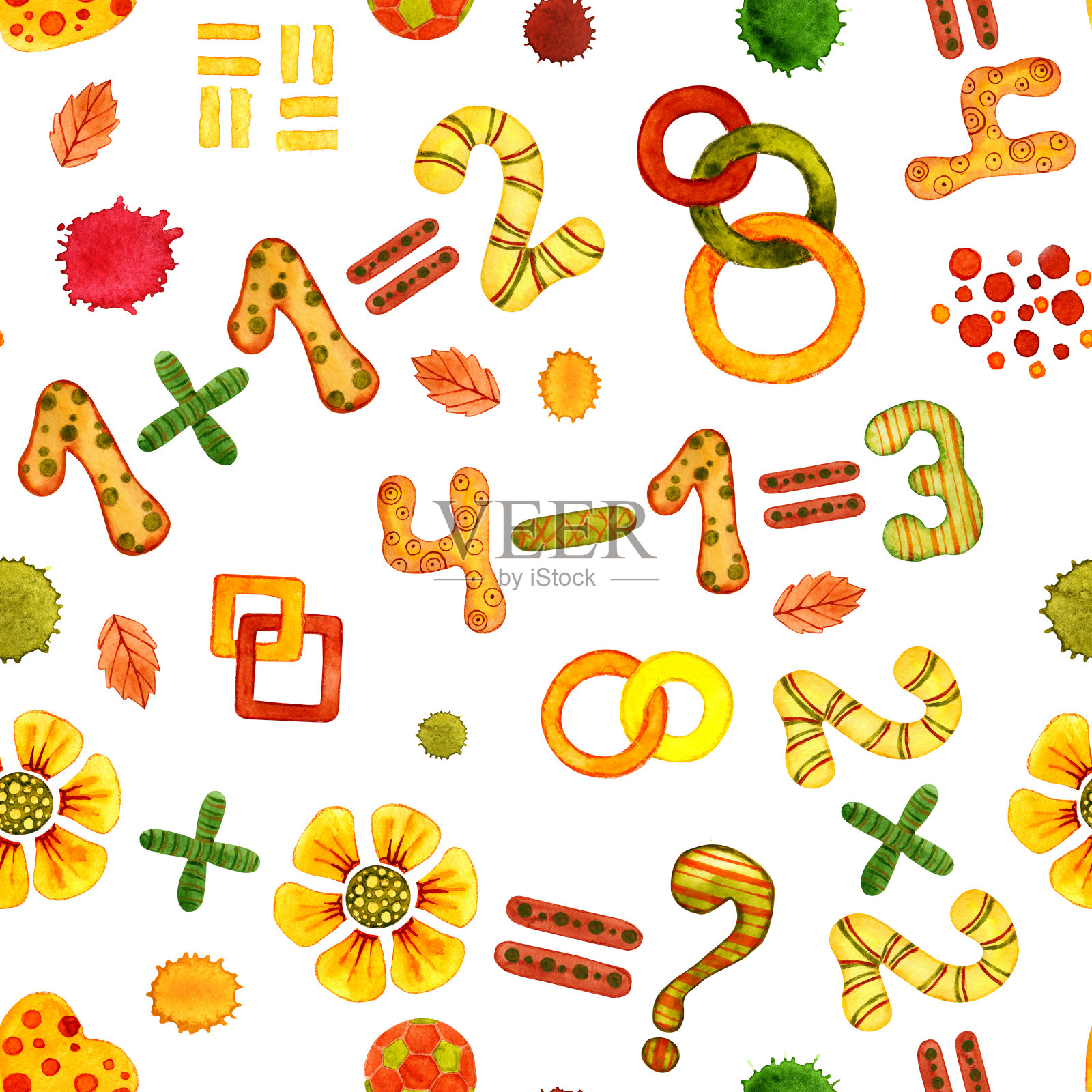 无缝模式与数字和符号。手工制作的水彩插图。学习理念，回到学校插画图片素材