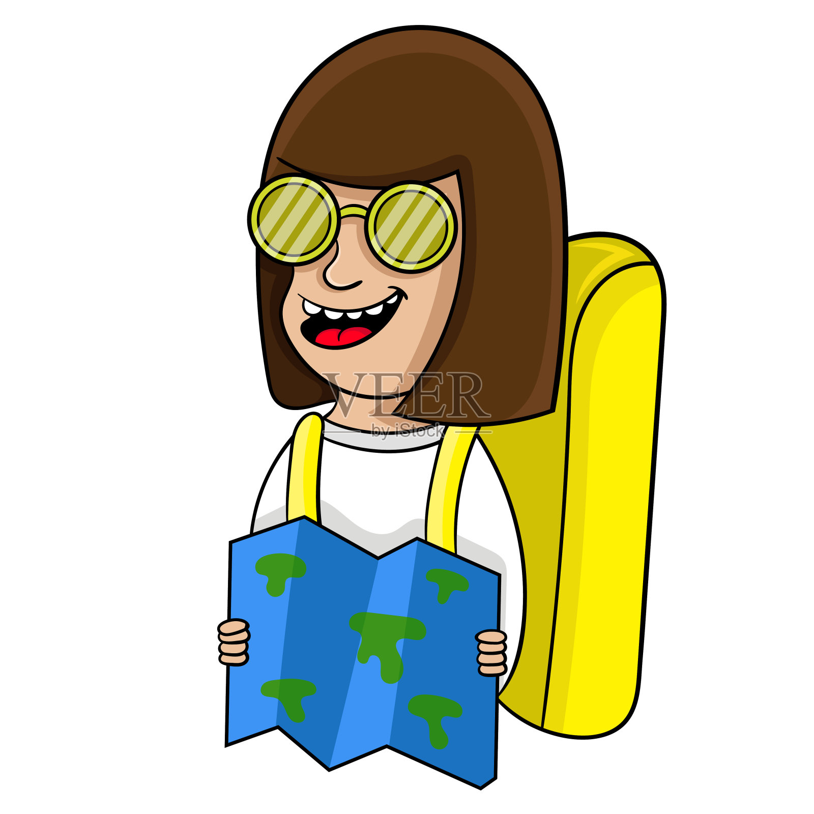 年轻的女孩旅行者背包看地图，矢量插图设计元素图片