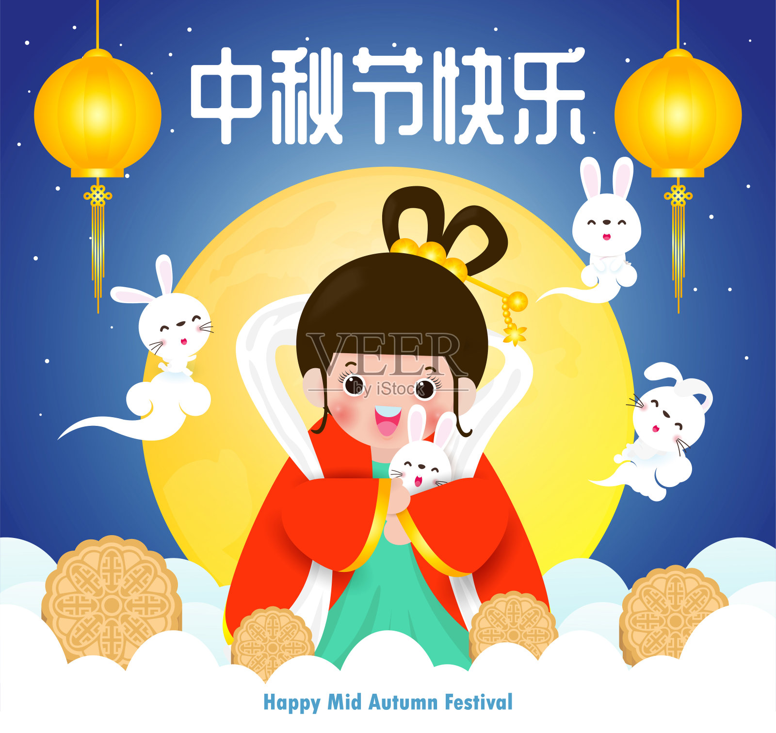 中国快乐中秋节矢量设计海报设计，以中国月亮女神和兔子人物隔离在背景矢量插图，中文翻译:中秋节设计模板素材