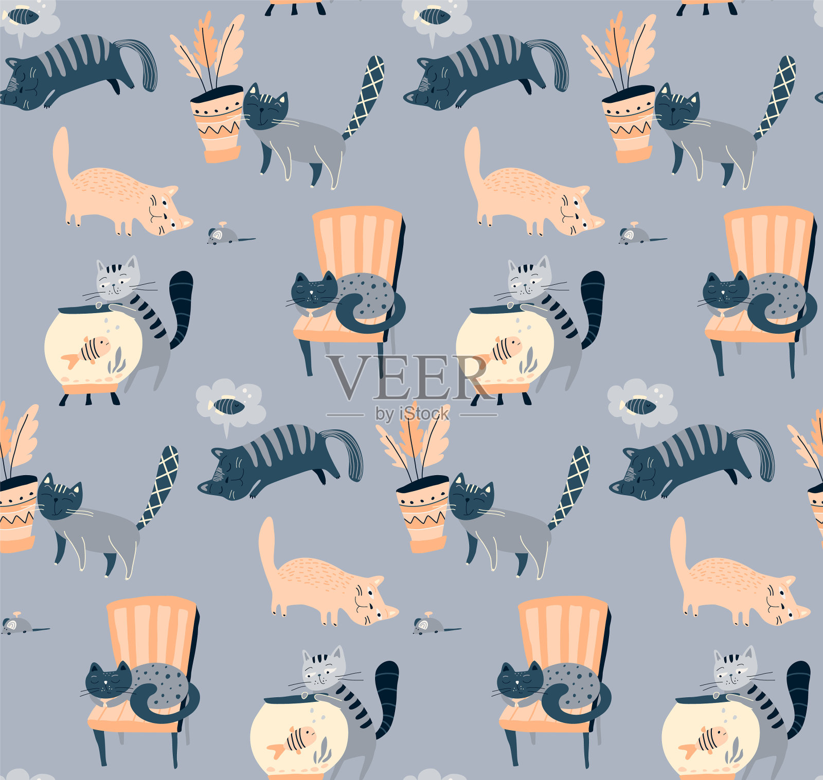 无缝图案与可爱的猫在简单插画图片素材