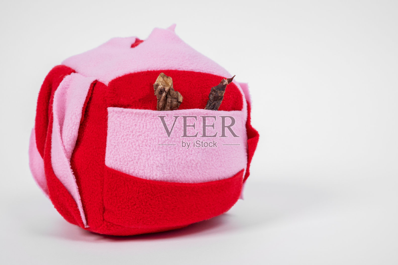 柔软的纺织可洗的鼻塞玩具立方体形状与干燥的糖果藏在口袋里的狗鼻子工作在白色的背景，复制空间。和宠物玩智力游戏。照片摄影图片