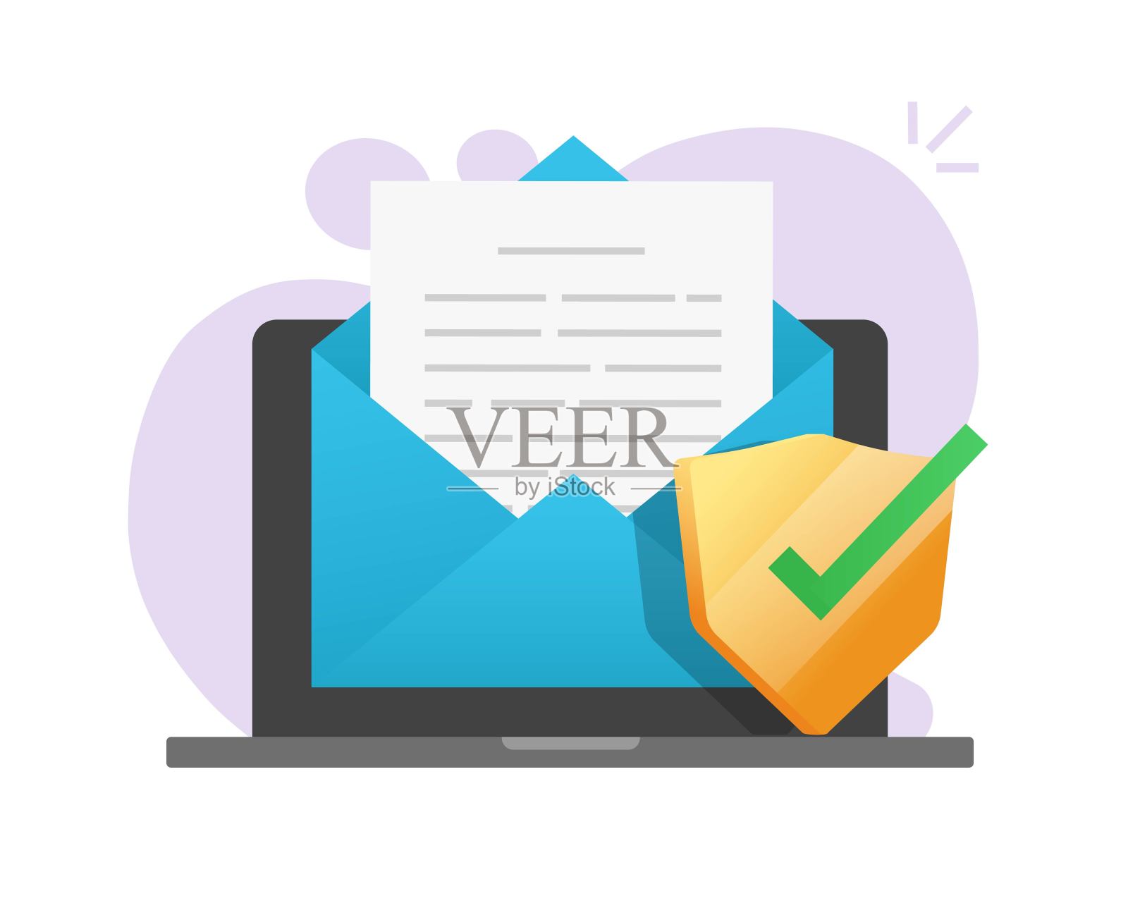 电子邮件文件安全屏蔽在线笔记本电脑上的电子邮件图标信文本文件保护，数字保护符号矢量平面卡通插图，杀毒安全软件验证插画图片素材