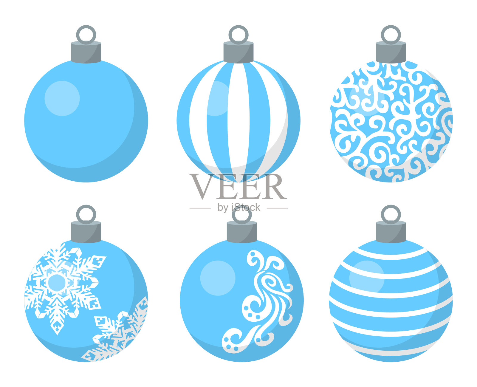 一套蓝色的圣诞树玩具与白色图案。装饰不同的圣诞球。插画图片素材