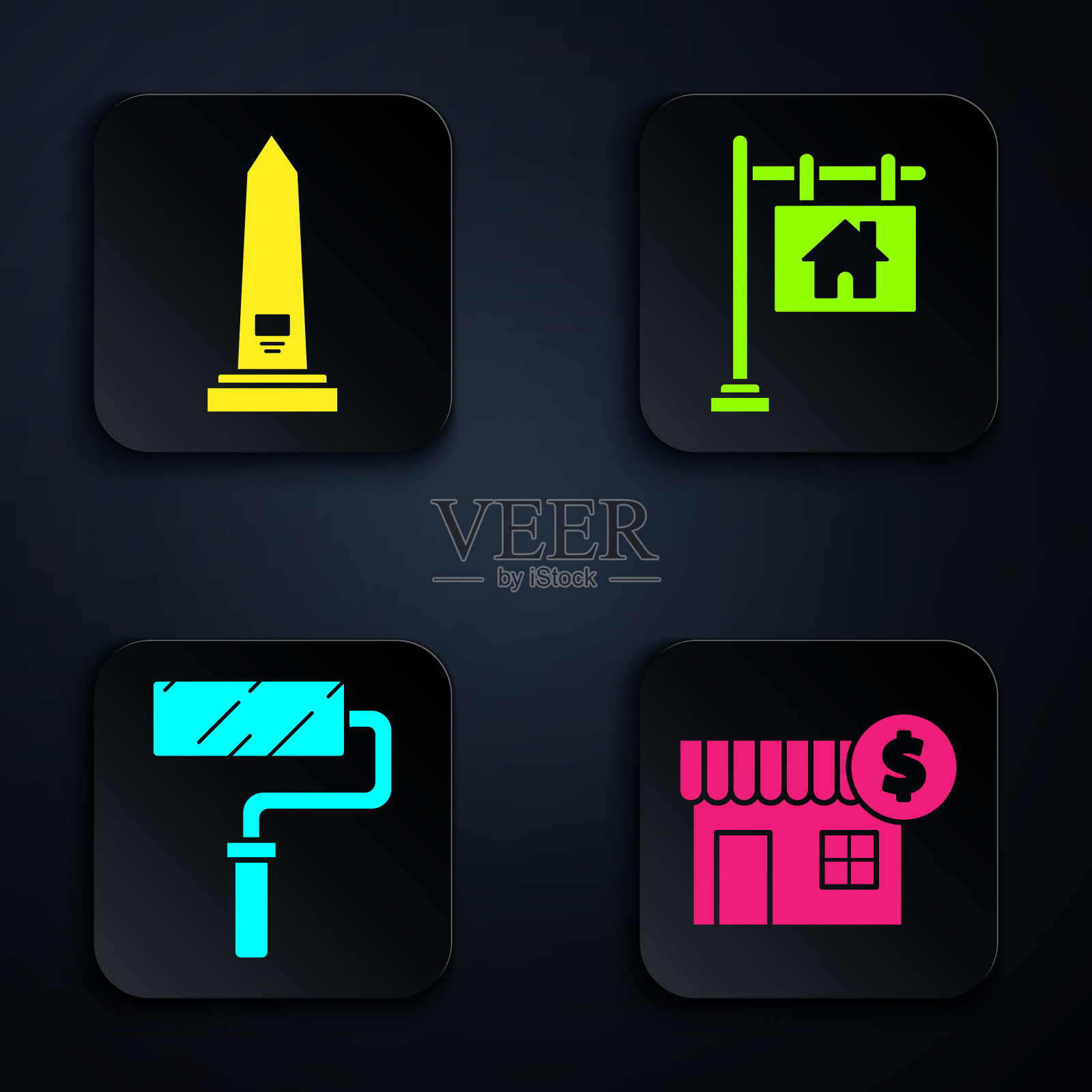 设置房子与美元象征华盛顿纪念碑图标素材