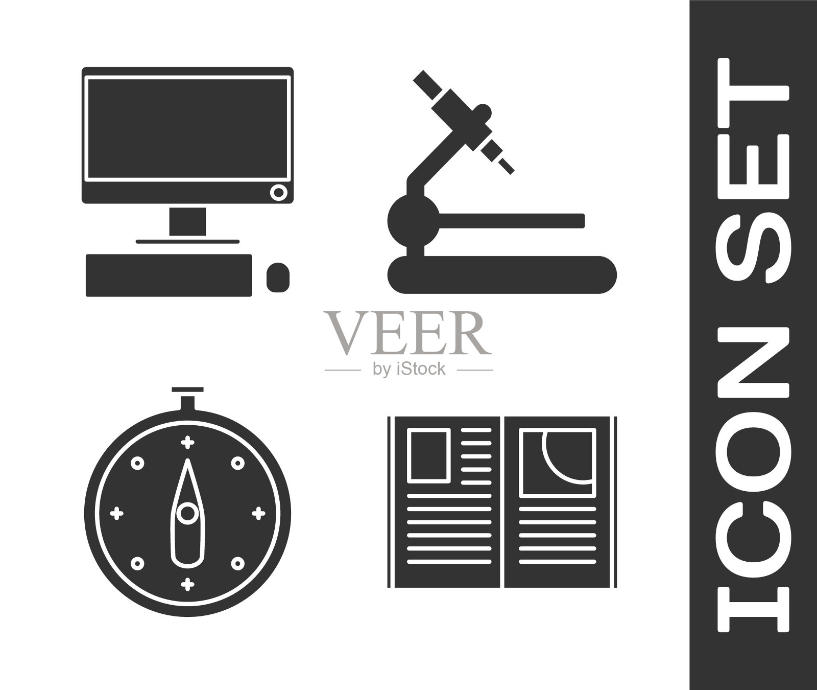 设置打开的书，电脑显示器键盘和鼠标，指南针和显微镜图标。向量图标素材