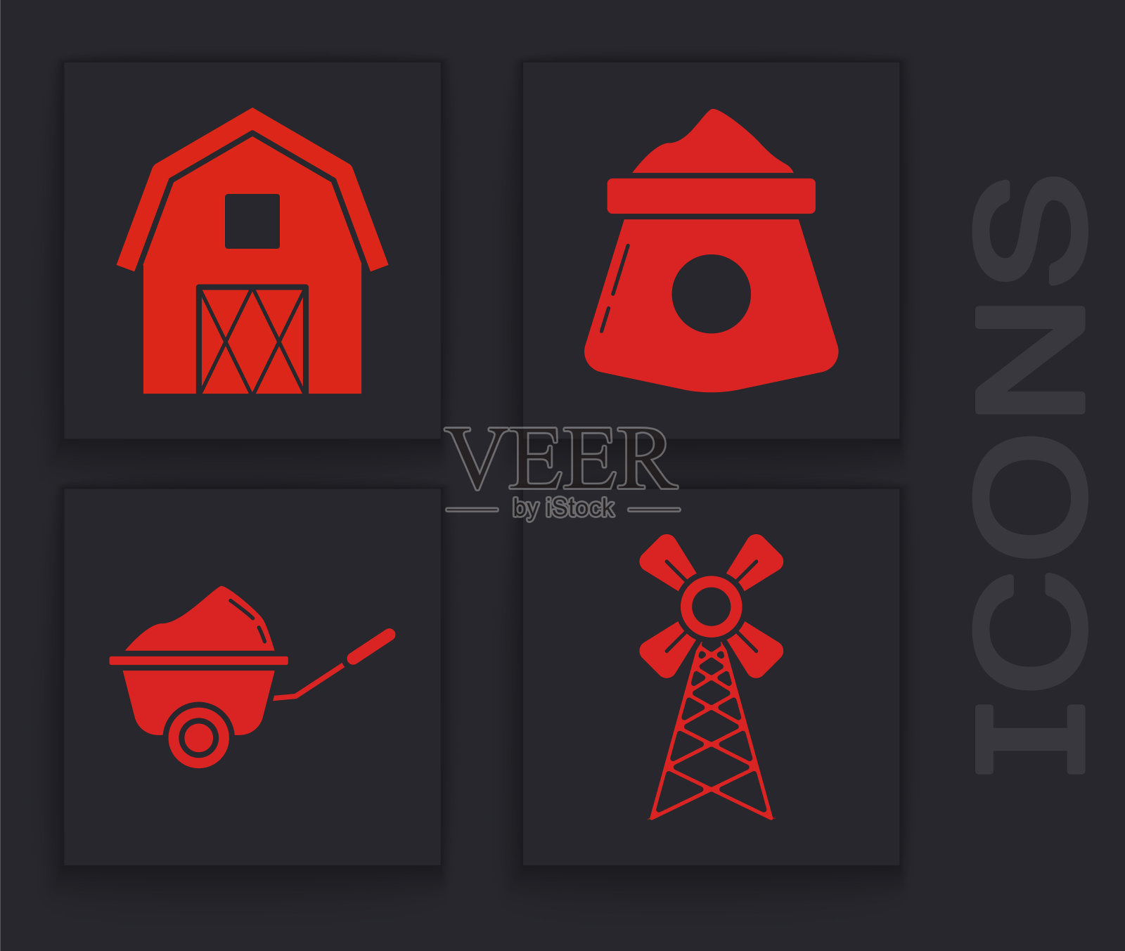 设置风车，农场房子的概念，面粉袋和手推车与污垢的图标。向量图标素材