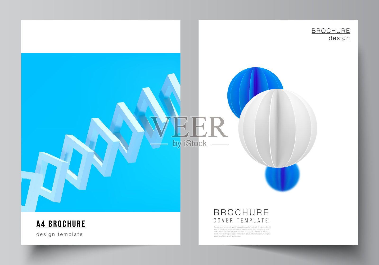 矢量布局A4封面模型模板的宣传册，传单布局，小册子，封面设计，书籍设计。三维渲染矢量合成动态逼真的几何蓝色形状在运动。设计模板素材