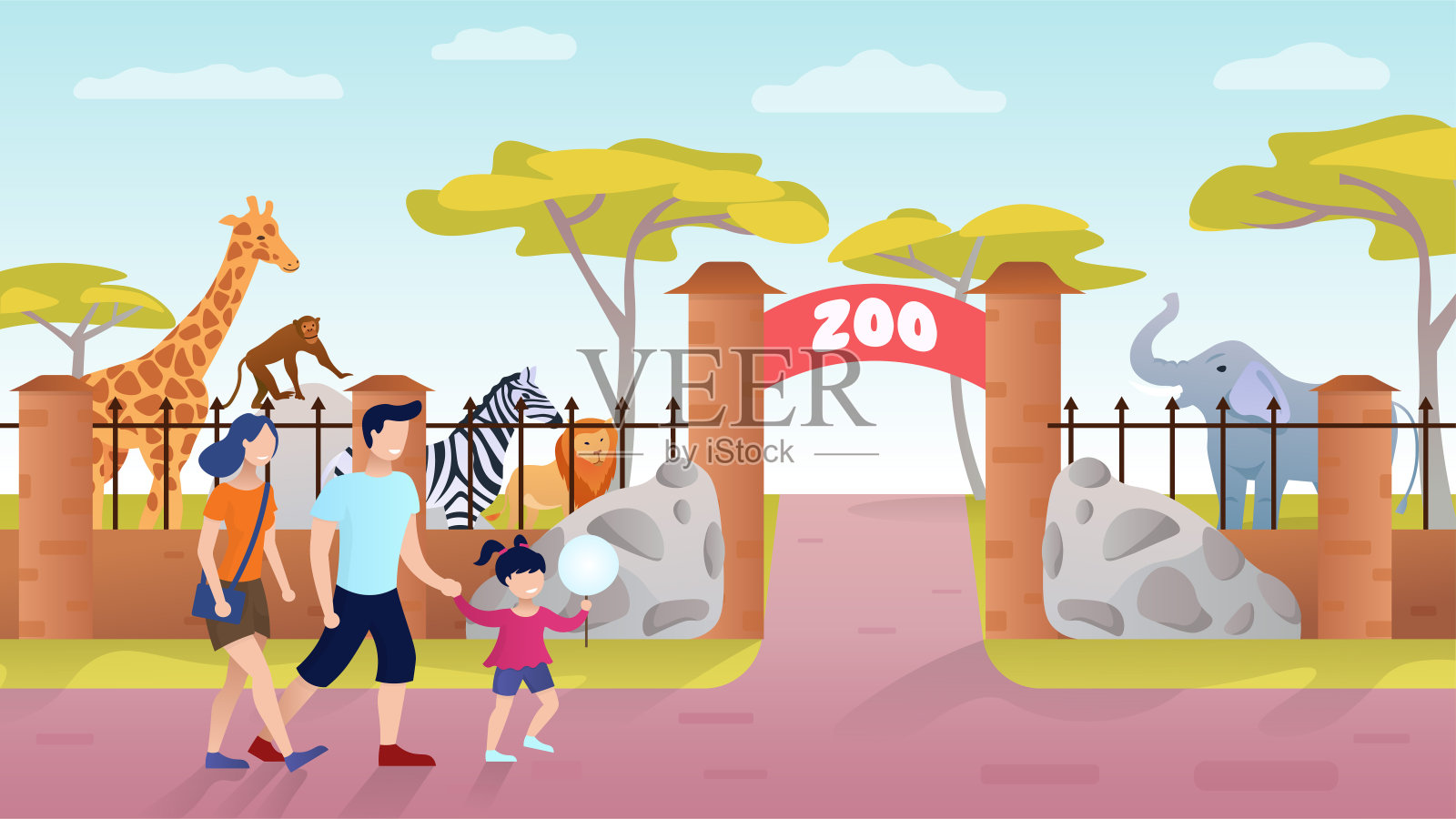 动物园的入口。周末一家人在户外。长颈鹿，大象，猴子，斑马。奇异的非洲动物。年轻夫妇带着孩子度假。快乐的童年。娱乐平面卡通矢量插图插画图片素材