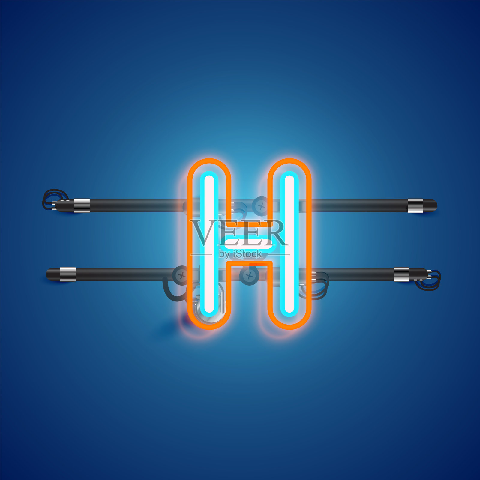 现实的发光双霓虹灯字符从一个字体与控制台，矢量插图插画图片素材