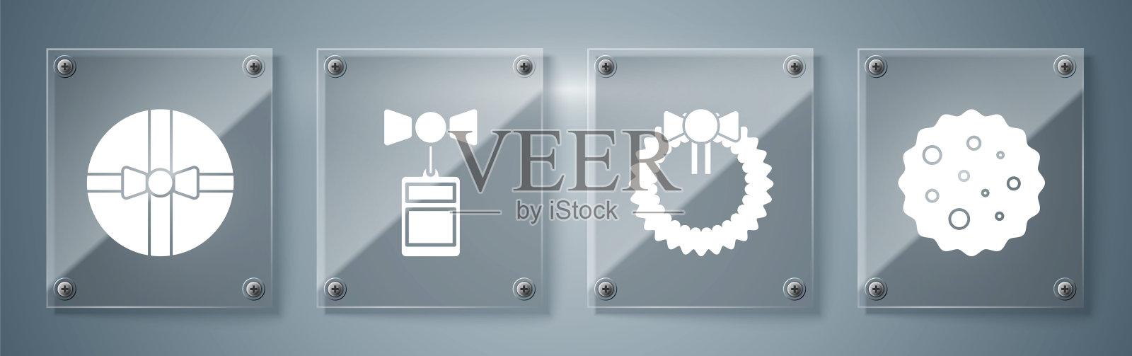 设置饼干或饼干与巧克力，圣诞花环，价格标签与题词销售和礼盒。方形玻璃面板。向量插画图片素材