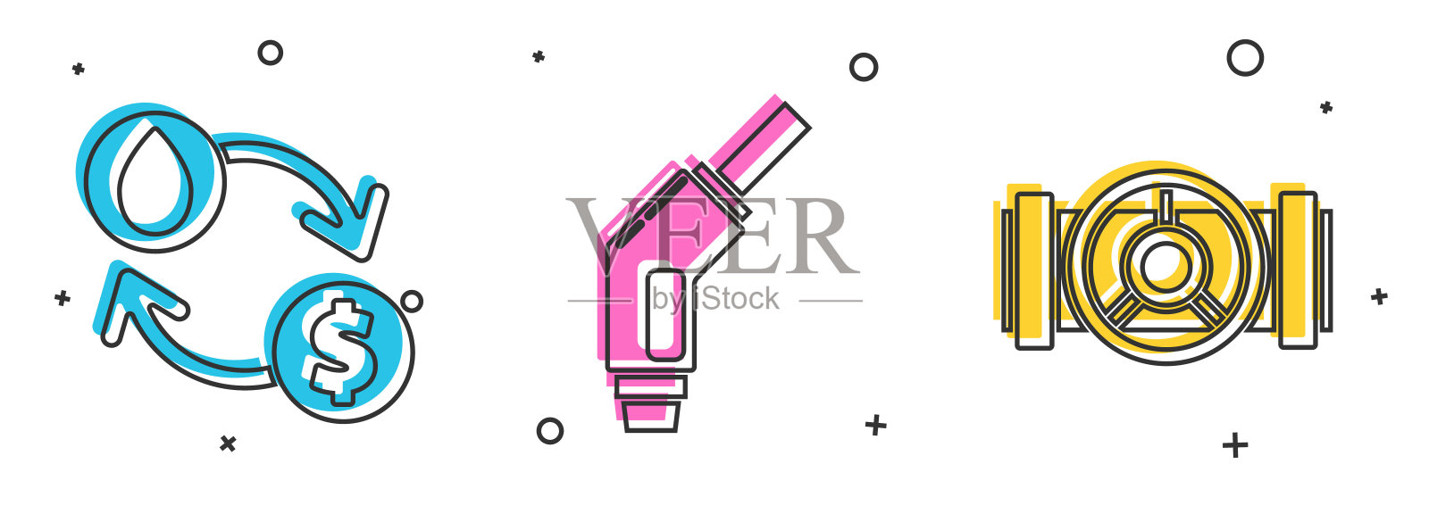 设置油交换，水输送，转换，汽油泵喷嘴和工业金属管和阀门图标。向量插画图片素材