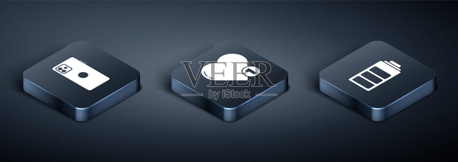 设置等距智能手机，手机，电池电量指标和喜欢和心脏图标。向量插画图片素材