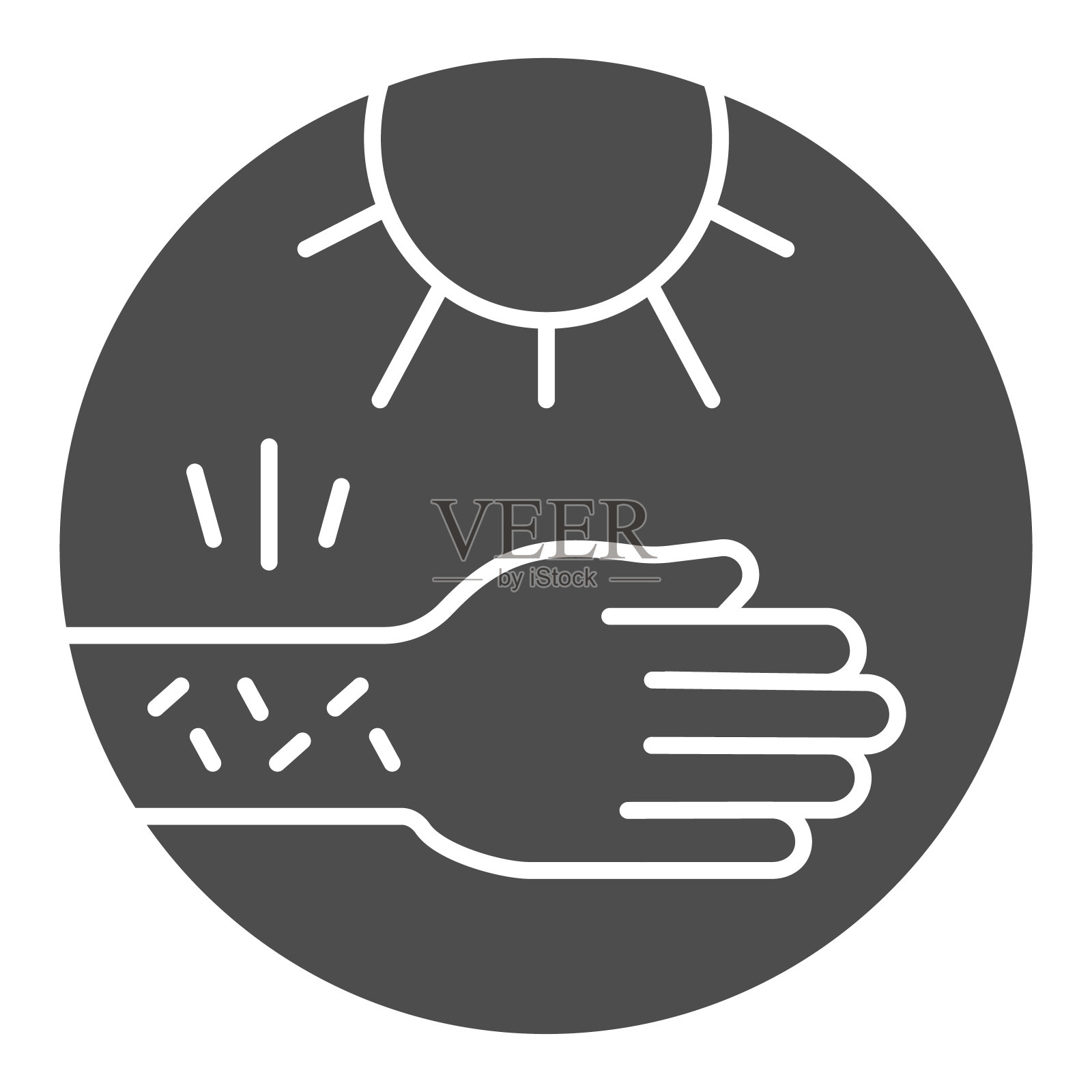 手与刺激皮肤和太阳固体图标，过敏概念，过敏晒伤标志上的白色背景，敏感皮肤太阳图标在象形风格的移动，网页设计。矢量图形。插画图片素材