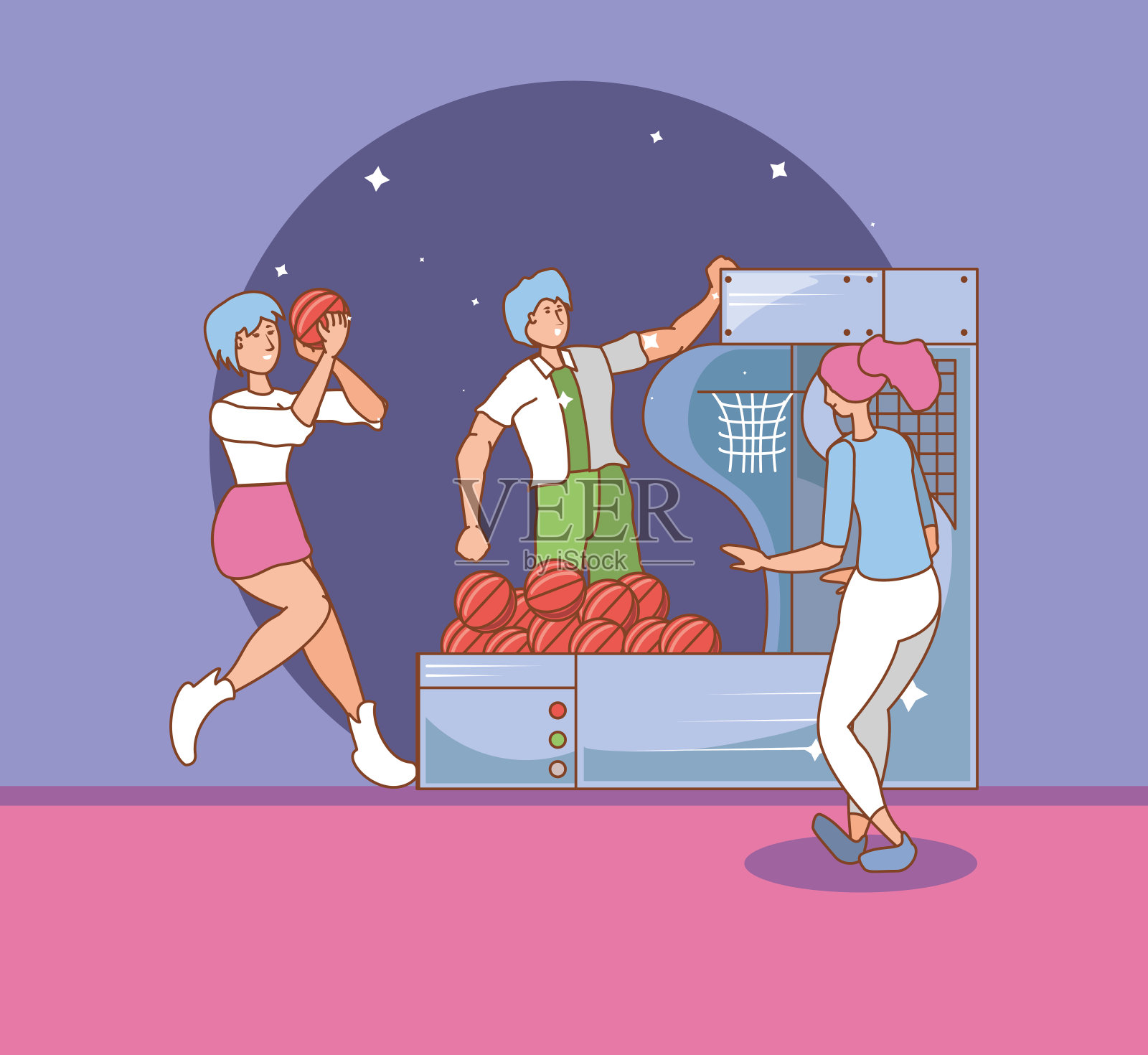 人们在电子游戏控制台的硬币与篮球气球插画图片素材