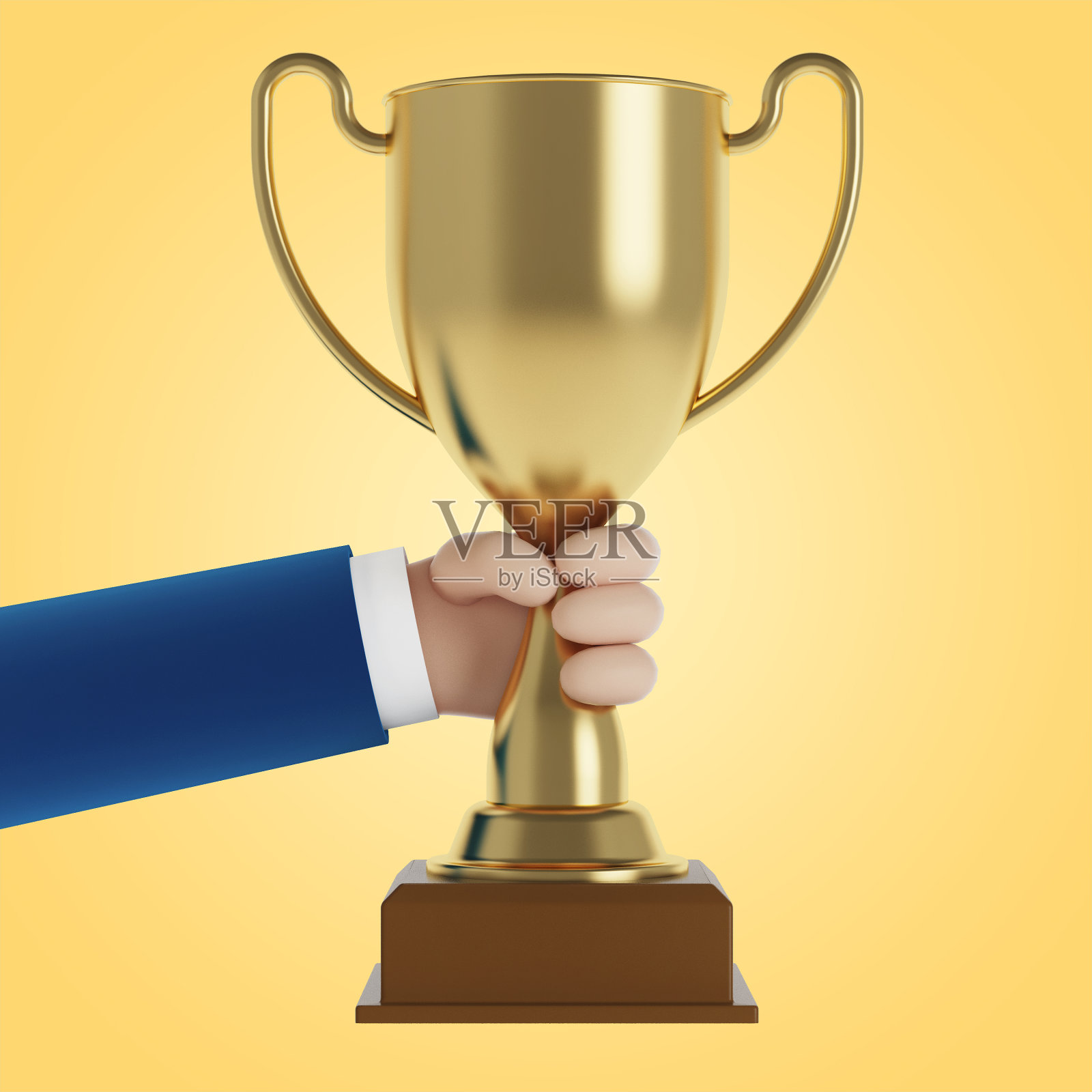 商人手里拿着一个金杯。胜利与成功理念。年度最佳员工。3 d演示。照片摄影图片
