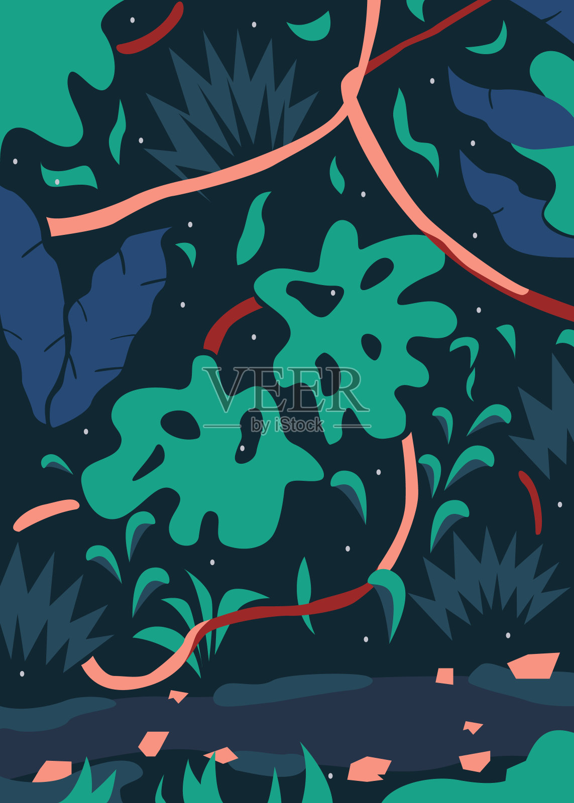 大自然的热带绿色背景。绿色热带矢量背景图案与树木，树叶和树枝。邀请模板设计在黑暗的森林自然模式插画图片素材