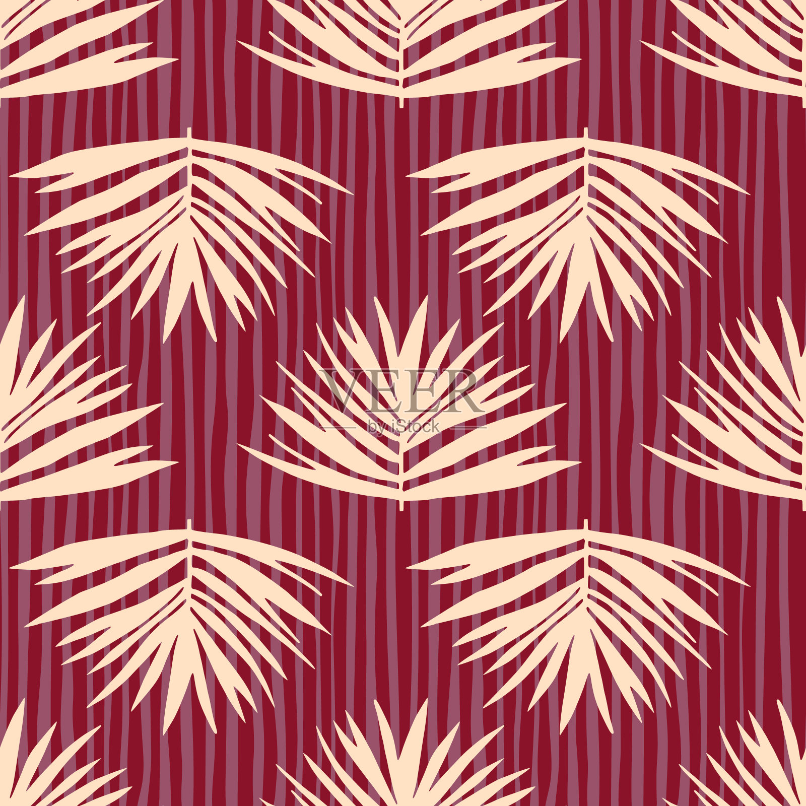 对比热带叶灌木无缝模式，淡黄色。栗色背景与条纹。程式化的植物。插画图片素材