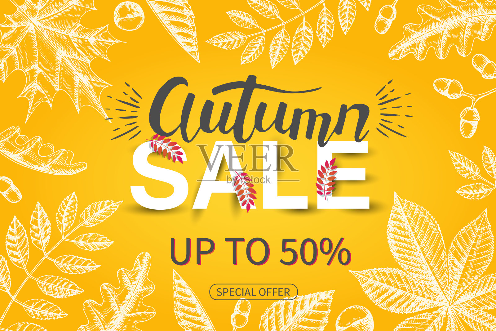 矢量回学校销售背景与手绘符号素描风格，秋天的树叶和背包。特别优惠，最高50%。传单,小册子。刻字。广告设计元素图片