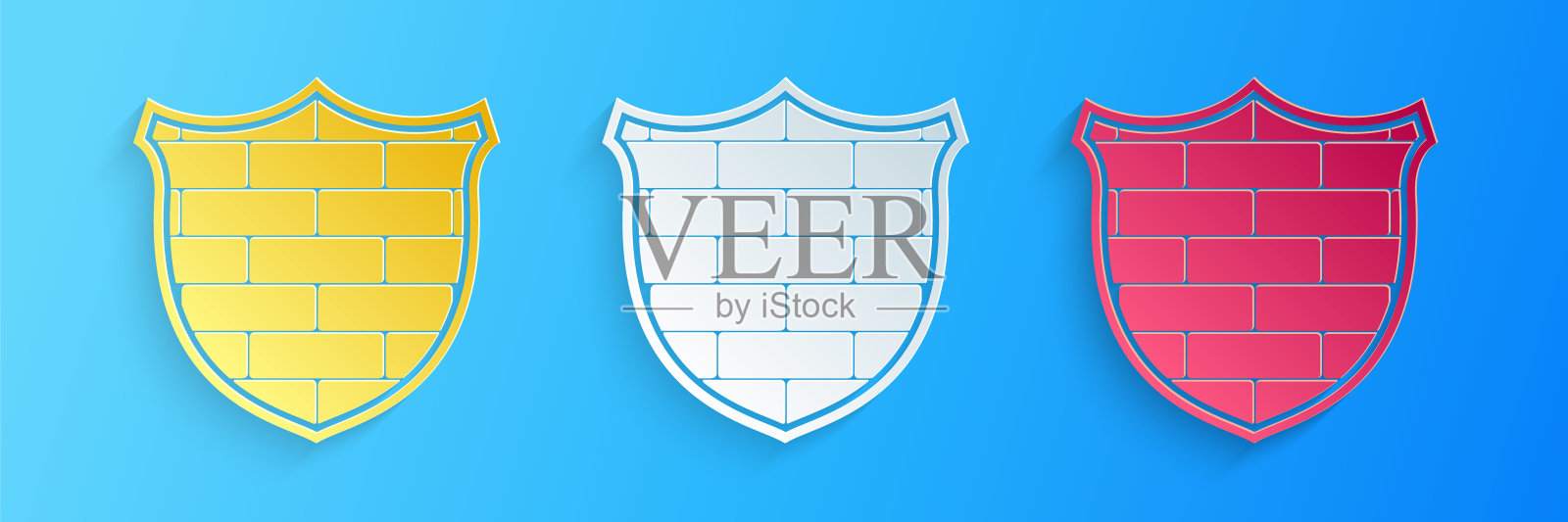 剪纸盾牌与网络安全砖墙图标隔离在蓝色背景。数据保护的象征。防火墙的标志。网络保护。纸艺术风格。向量插画图片素材