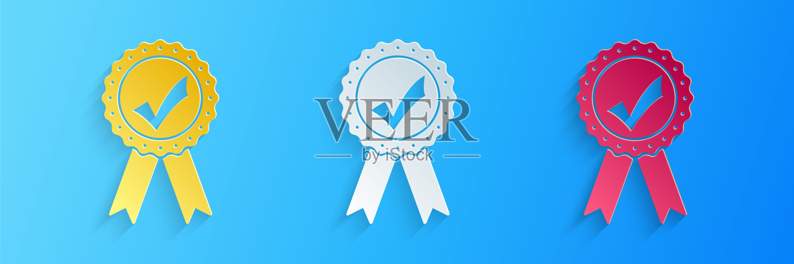 剪纸认可或认证奖章与丝带和检查标志图标孤立在蓝色背景。纸艺术风格。向量插画图片素材