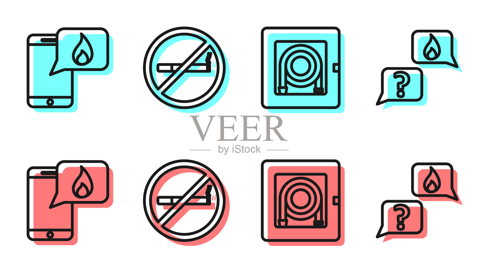 设置线消防水龙带柜，电话紧急呼叫911，禁止吸烟和电话紧急呼叫911图标。向量图标素材