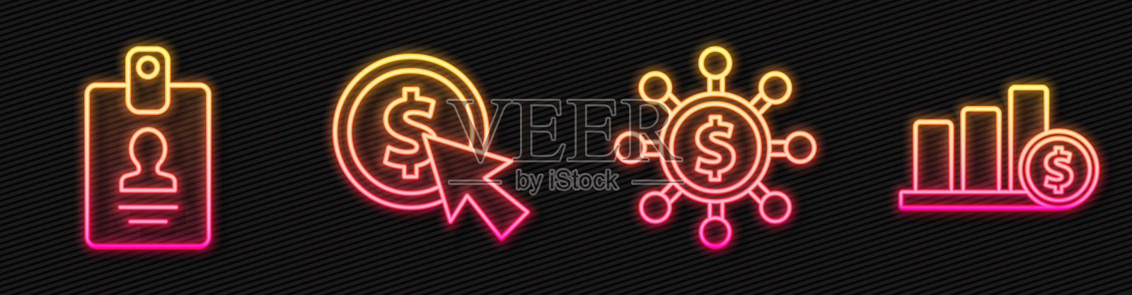 设置线美元，份额，网络，身份徽章，光标和硬币和饼图信息图表和美元。发光的霓虹灯图标。向量图标素材