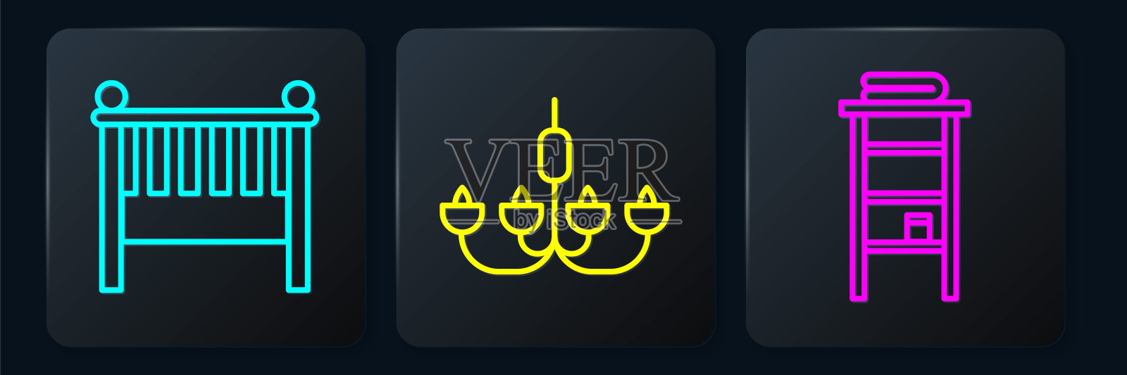 设置线婴儿床摇篮床，浴室架与架子的毛巾和吊灯。黑色方形按钮。向量插画图片素材