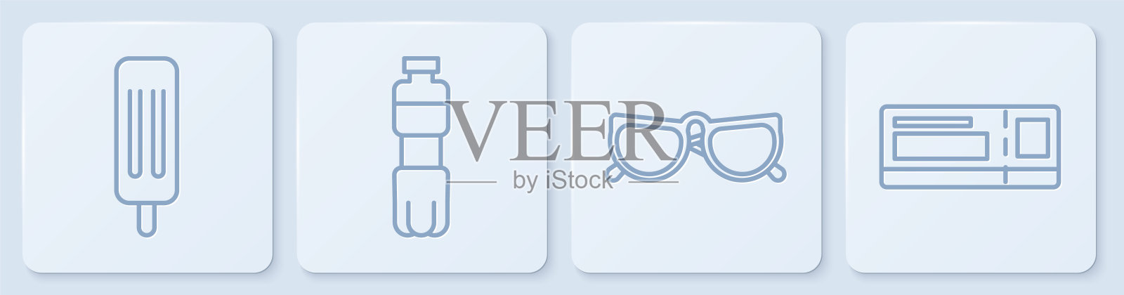 雪糕、玻璃杯、瓶装水、车票。白色正方形按钮。向量插画图片素材