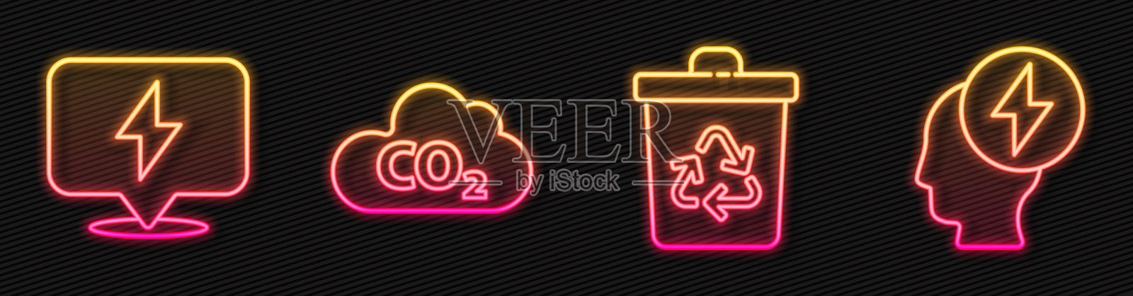 设置线回收站与回收，闪电螺栓，二氧化碳排放在云和头部和电子符号。发光的霓虹灯图标。向量插画图片素材