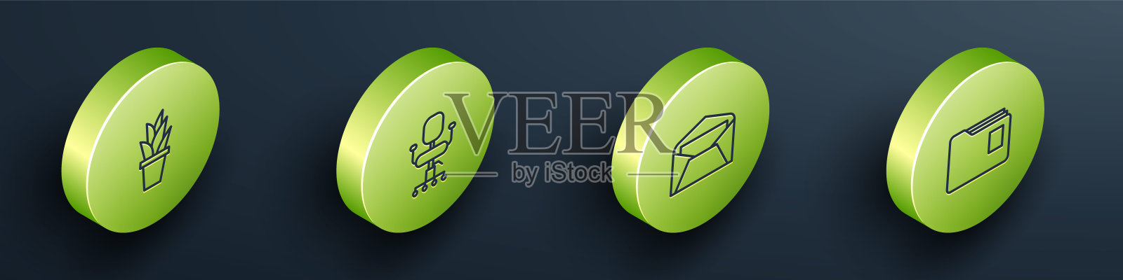 设置等距植物在花盆，办公椅，信封和文件文件夹图标。向量图标素材