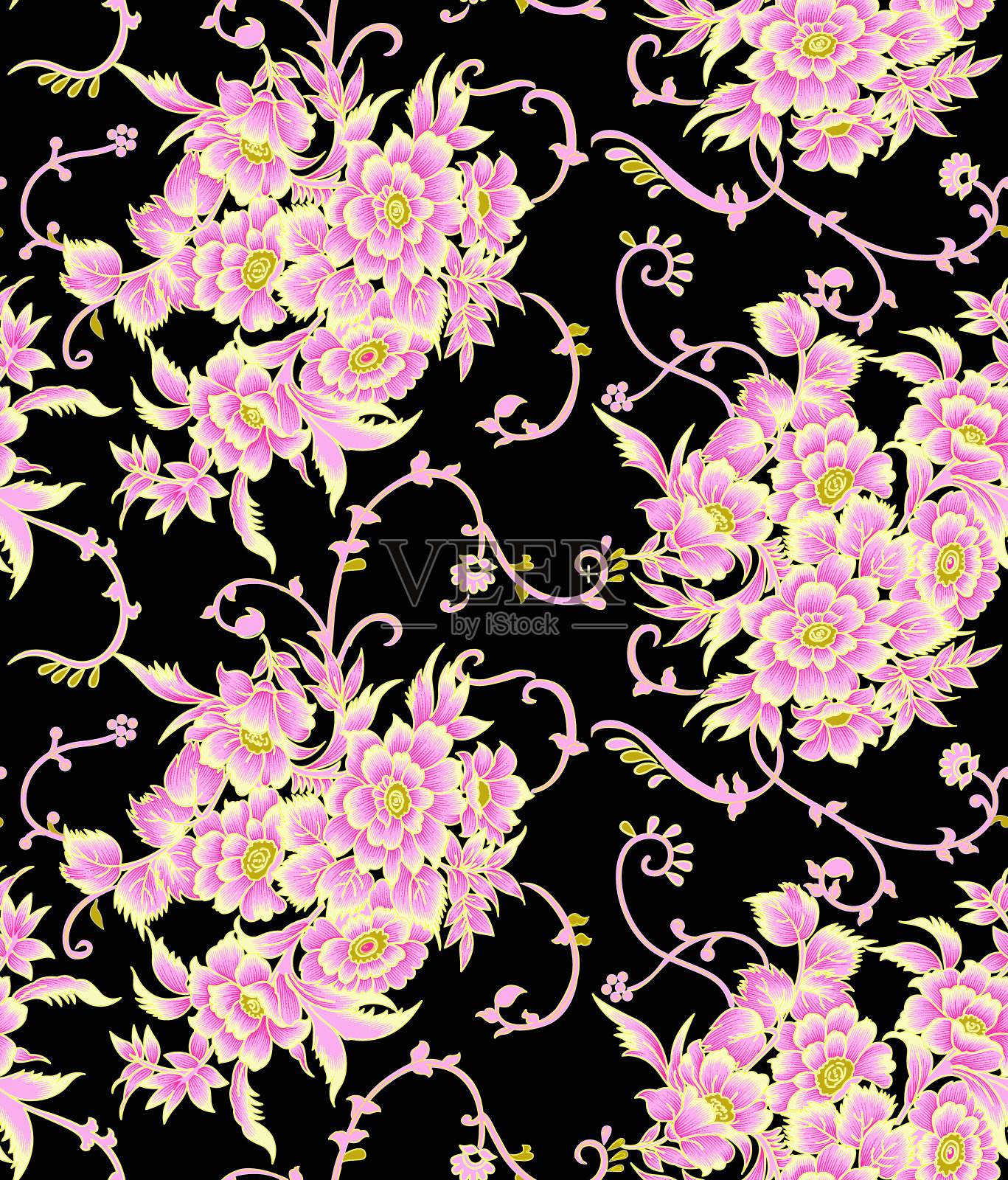 时尚的花朵设计:霓虹灯下奇异的叶子和花朵。无缝模式插画图片素材