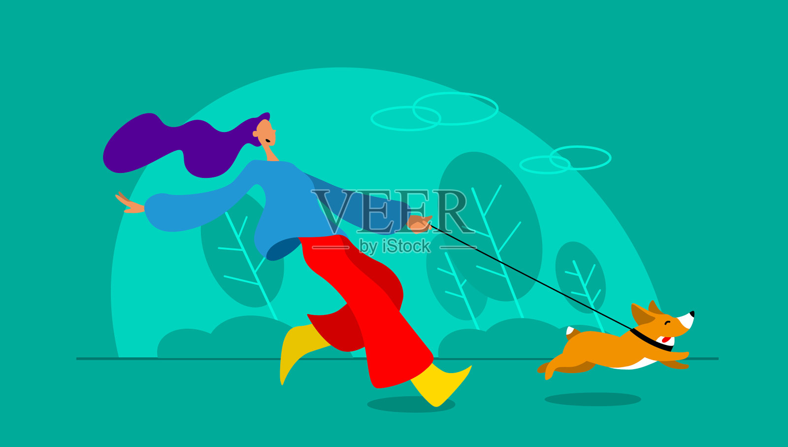 女跑在公园拉柯基插画图片素材