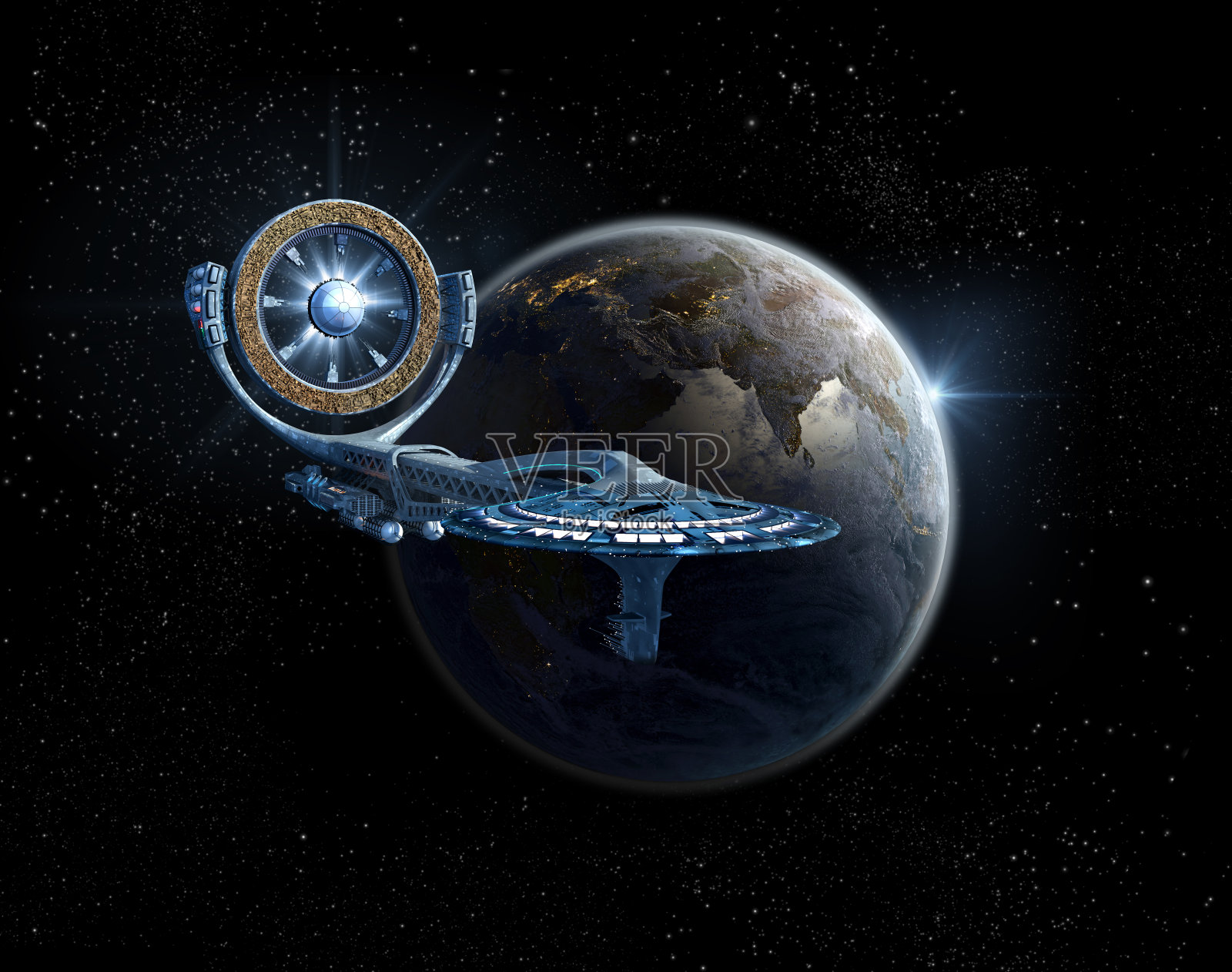 在地球附近有动力轮的宇宙飞船照片摄影图片