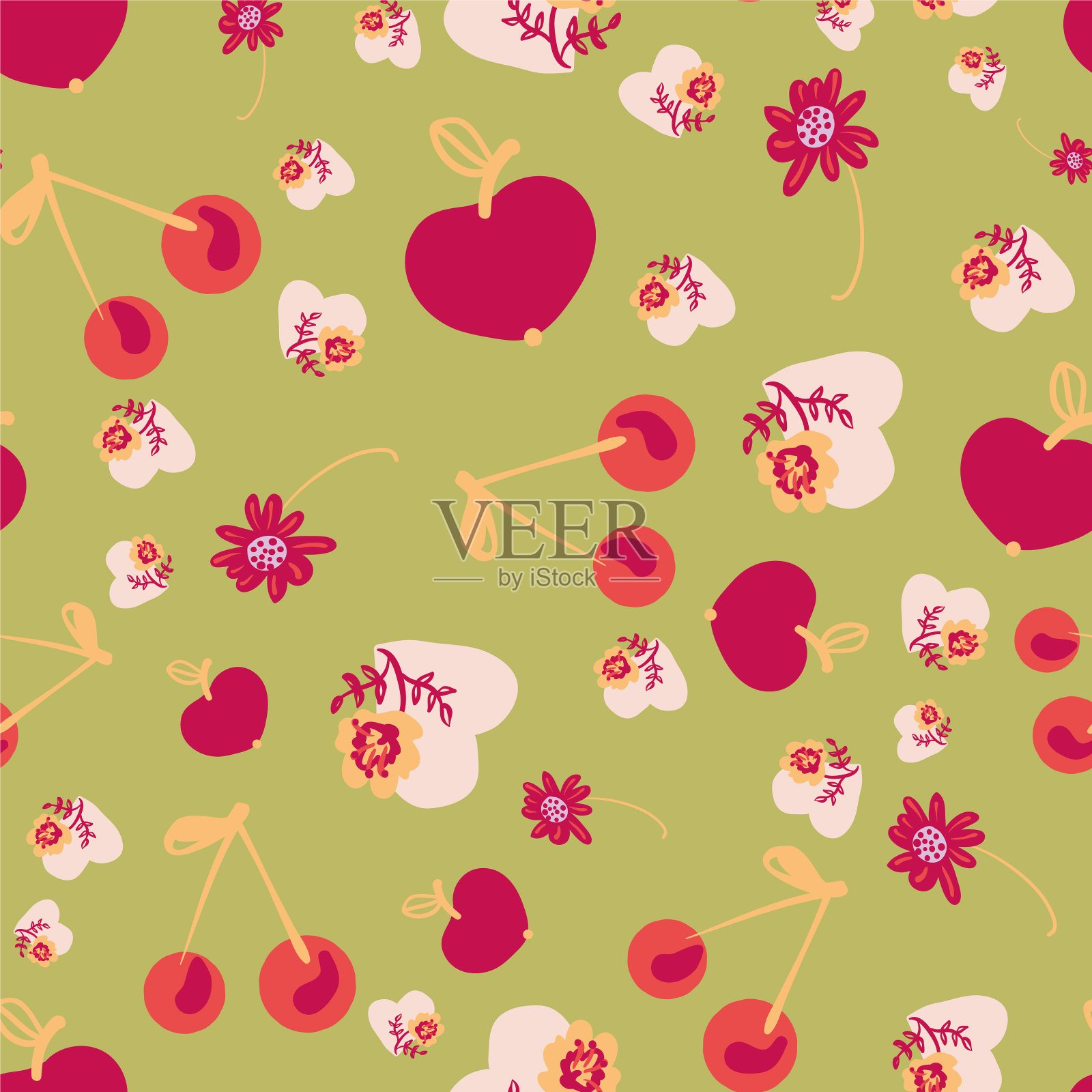 果、花、心无缝图案插画图片素材