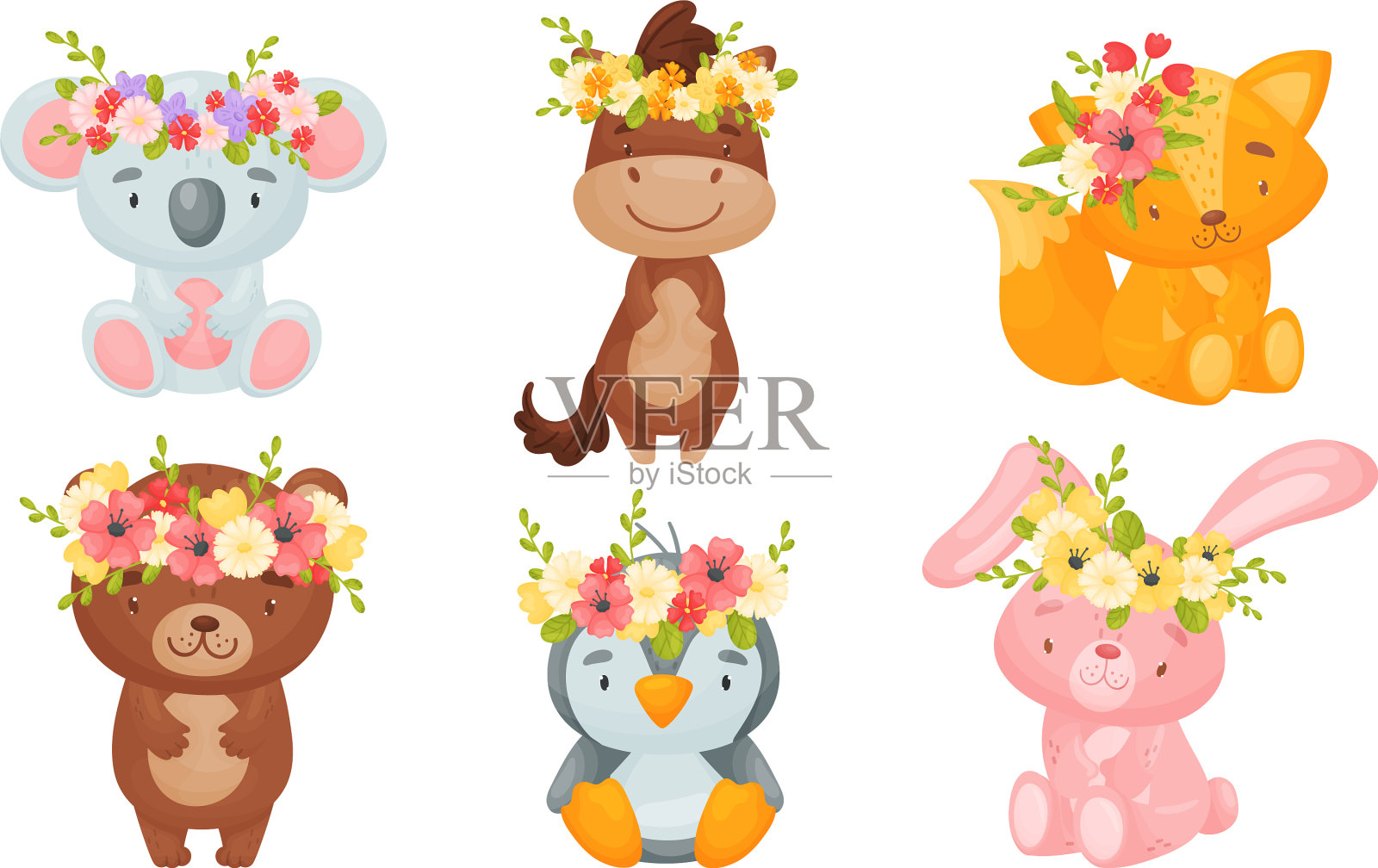 头上戴着花圈的漂亮动物插画图片素材