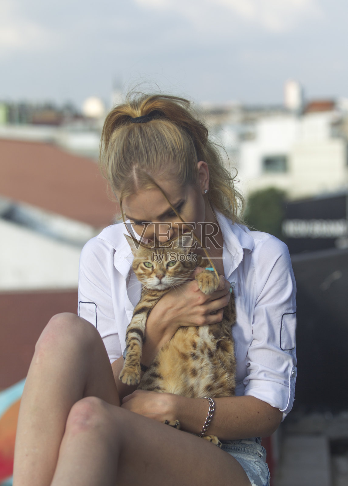 年轻女子在阳台摆姿势与猫在默特伊斯坦布尔土耳其照片摄影图片