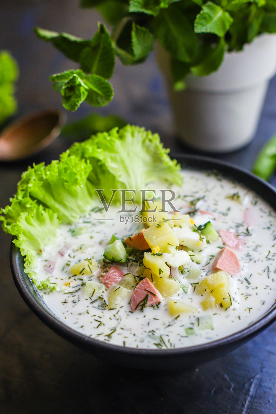 冷汤蔬菜绿色欧克罗什卡第二道菜食物背景俯视图复制空间的文本有机饮食健康生酮或旧石器饮食照片摄影图片
