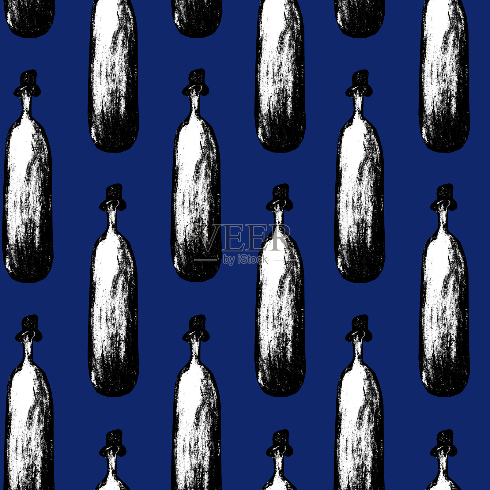 无缝模式与酒瓶软木塞。黑色和白色的玻璃瓶在绿色，蓝色，粉红色的背景上。完美的包装纸，纺织品，菜单和卡片设计。插画图片素材