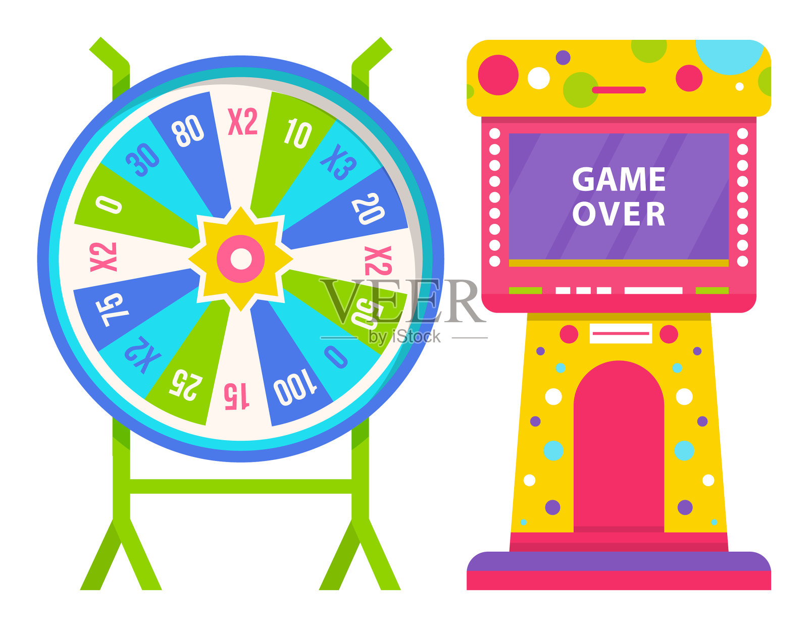 轮财富和老虎机与游戏结束设计元素图片