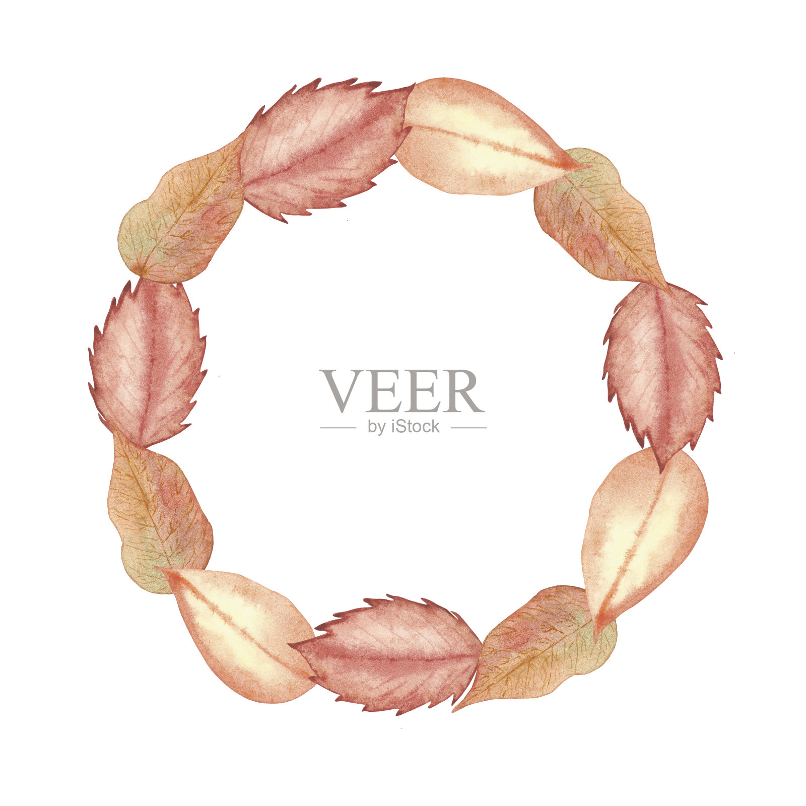 水彩手绘自然秋季树木植物圈花环框架与不同的橙色和黄色枯萎的叶子组成在白色的背景邀请和贺卡插画图片素材