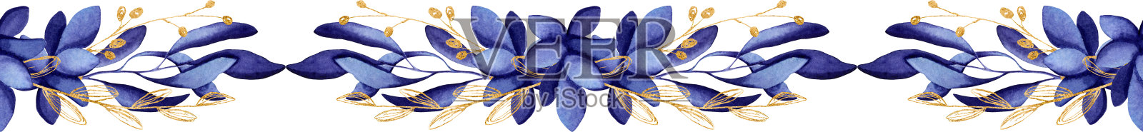 无缝边框与水彩深蓝叶子插画图片素材
