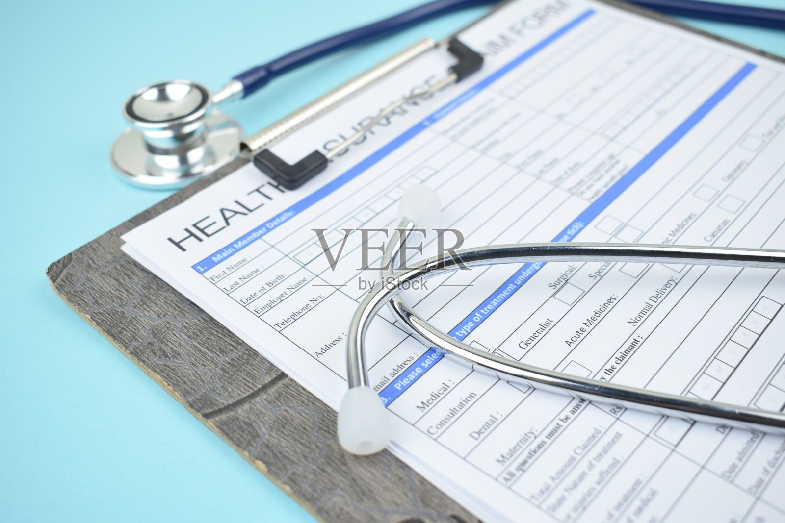 健康保险表格和听诊器医疗表格照片摄影图片
