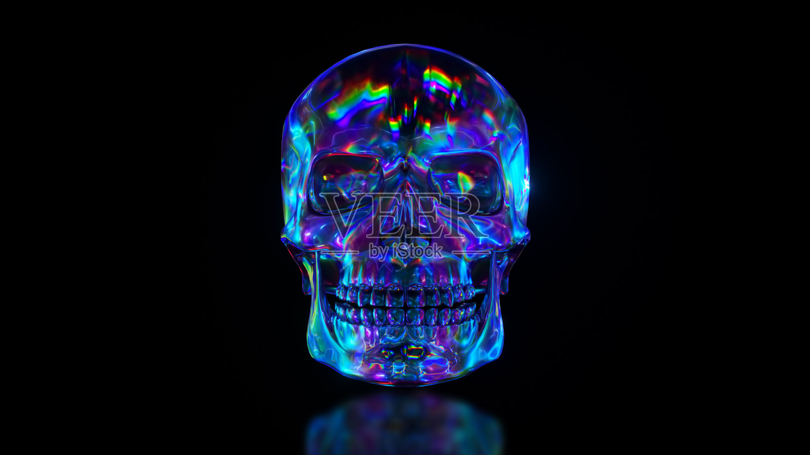 人类头骨反射的背景环境。彩色彩虹氖光谱。三维演示照片摄影图片