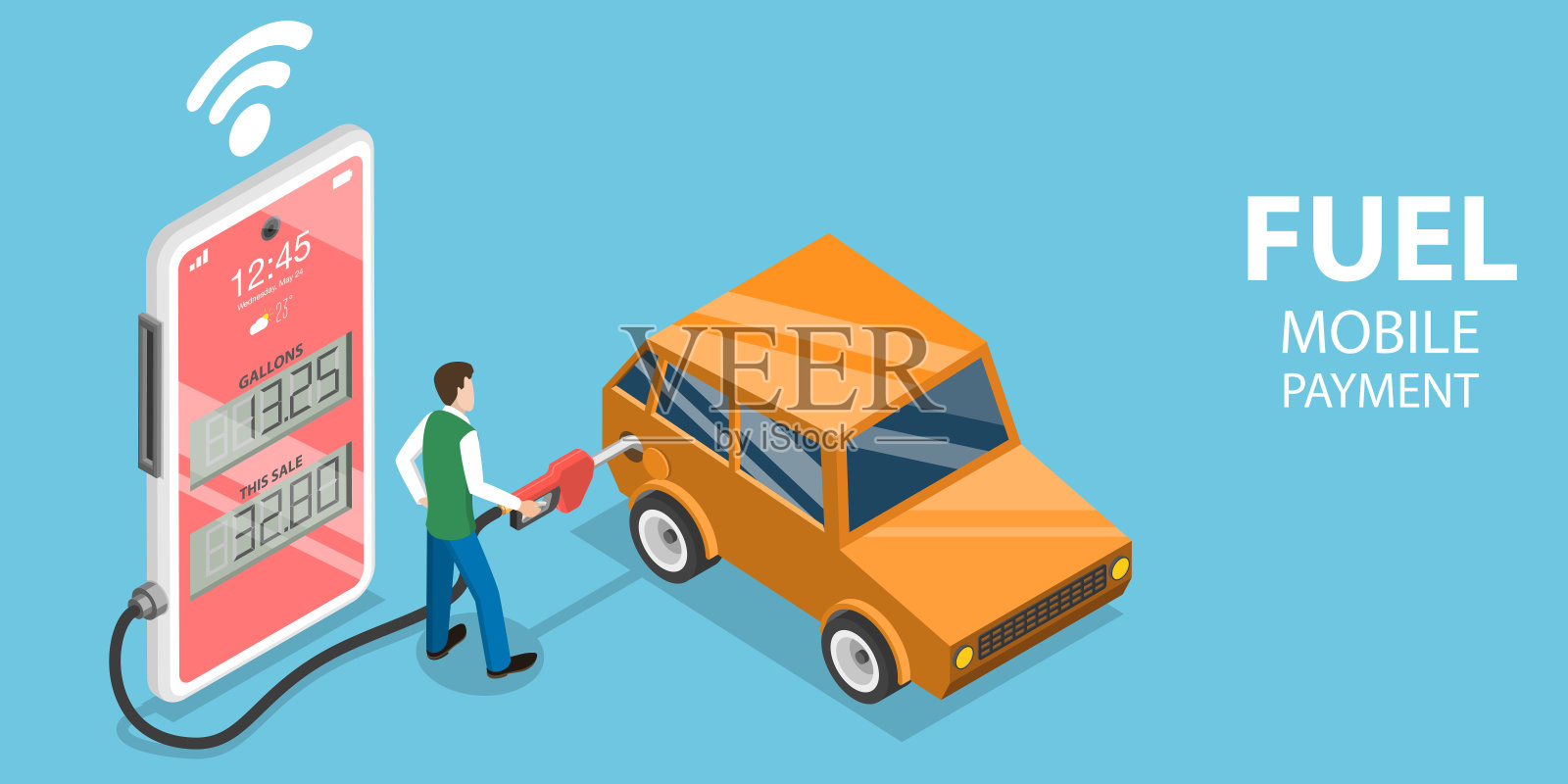 燃料移动支付的三维等距平面矢量概念插图。插画图片素材