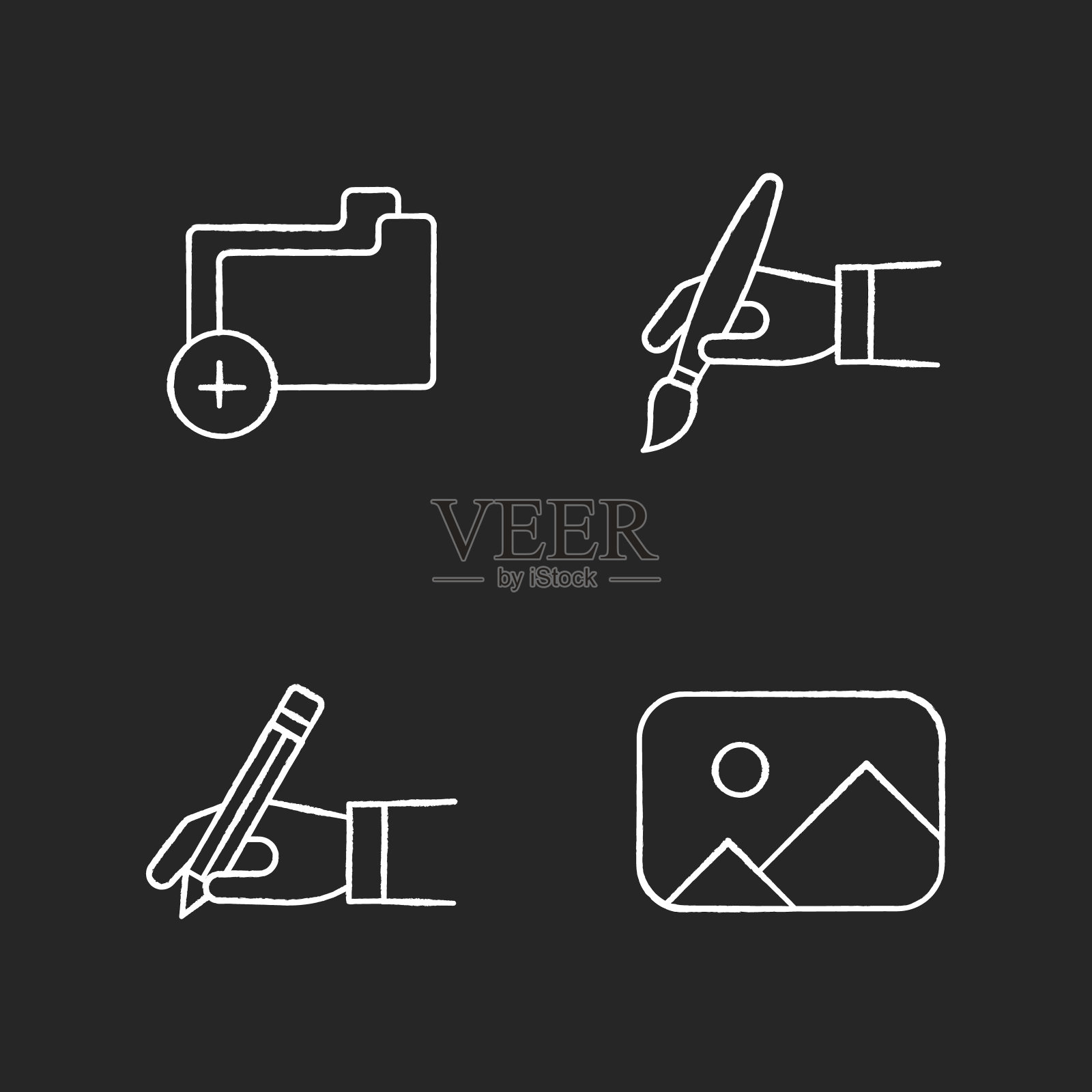 艺术家的工作元素粉笔白色图标设置在黑色的背景图标素材