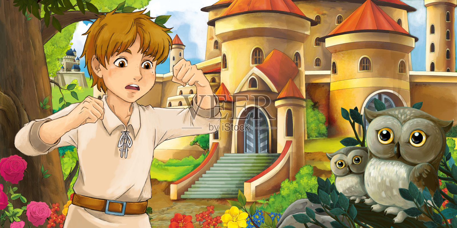 卡通场景猫头鹰与美丽的城堡附近的森林与英俊的年轻男孩-插图插画图片素材