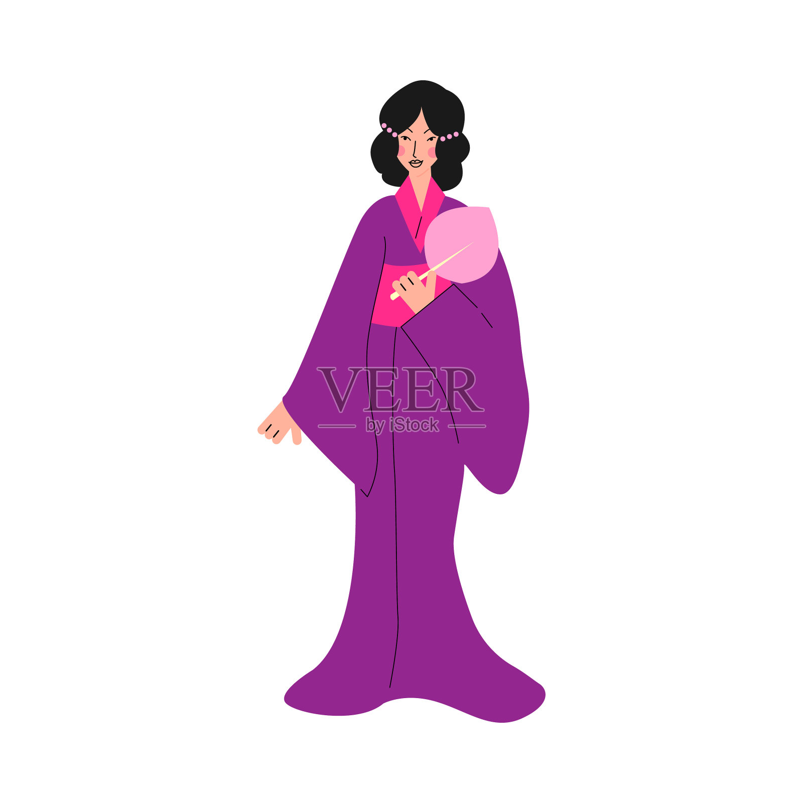 日本妇女人物在紫色和服素描设计元素图片